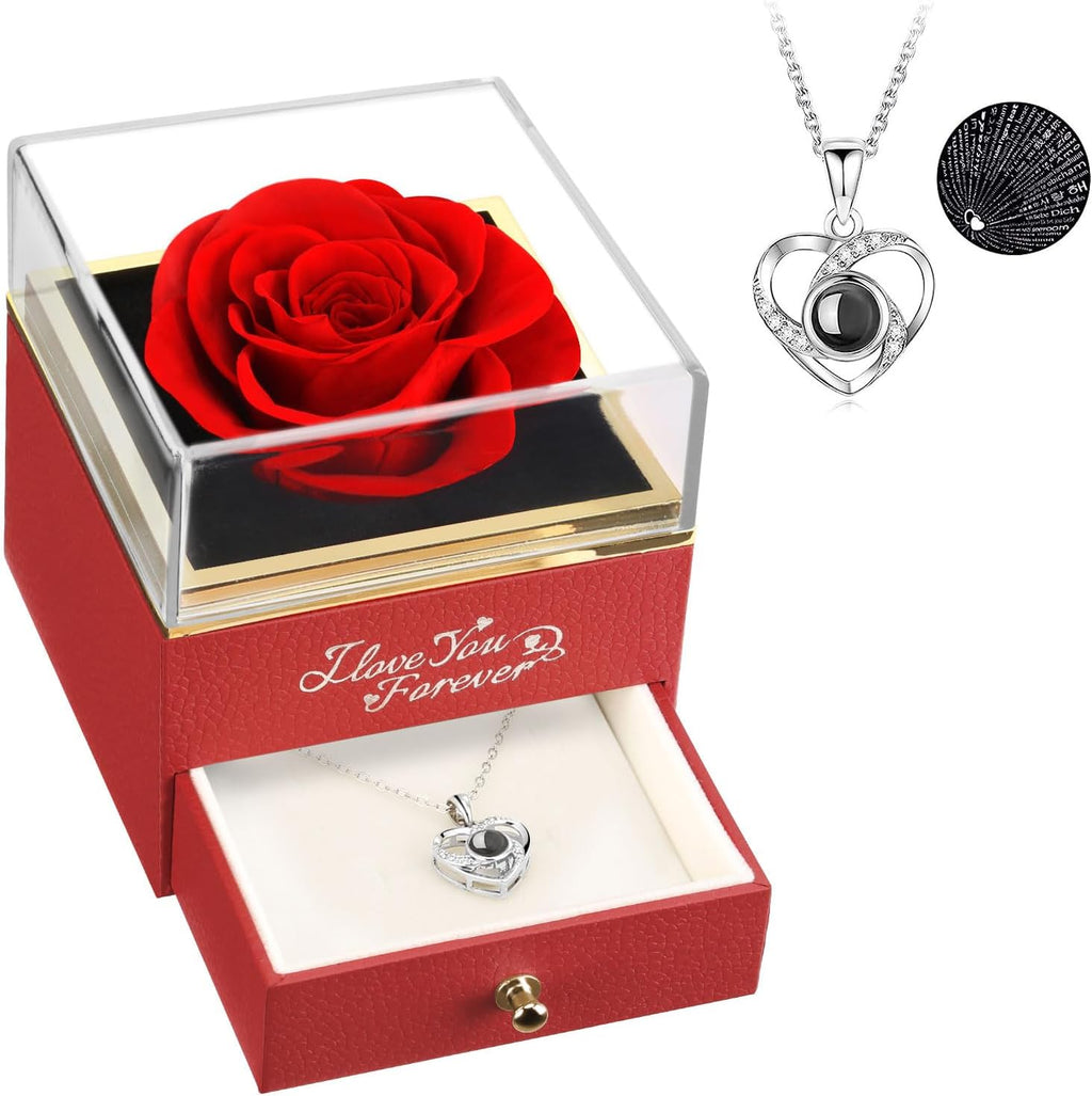 Preserved Real Rose with Heart Necklace -I Love You Forever Eternal Rose for Her, Mothers Day Flowers Gifts for Mom, Wife, Anniversary or Birthday Gifts for Women, Red