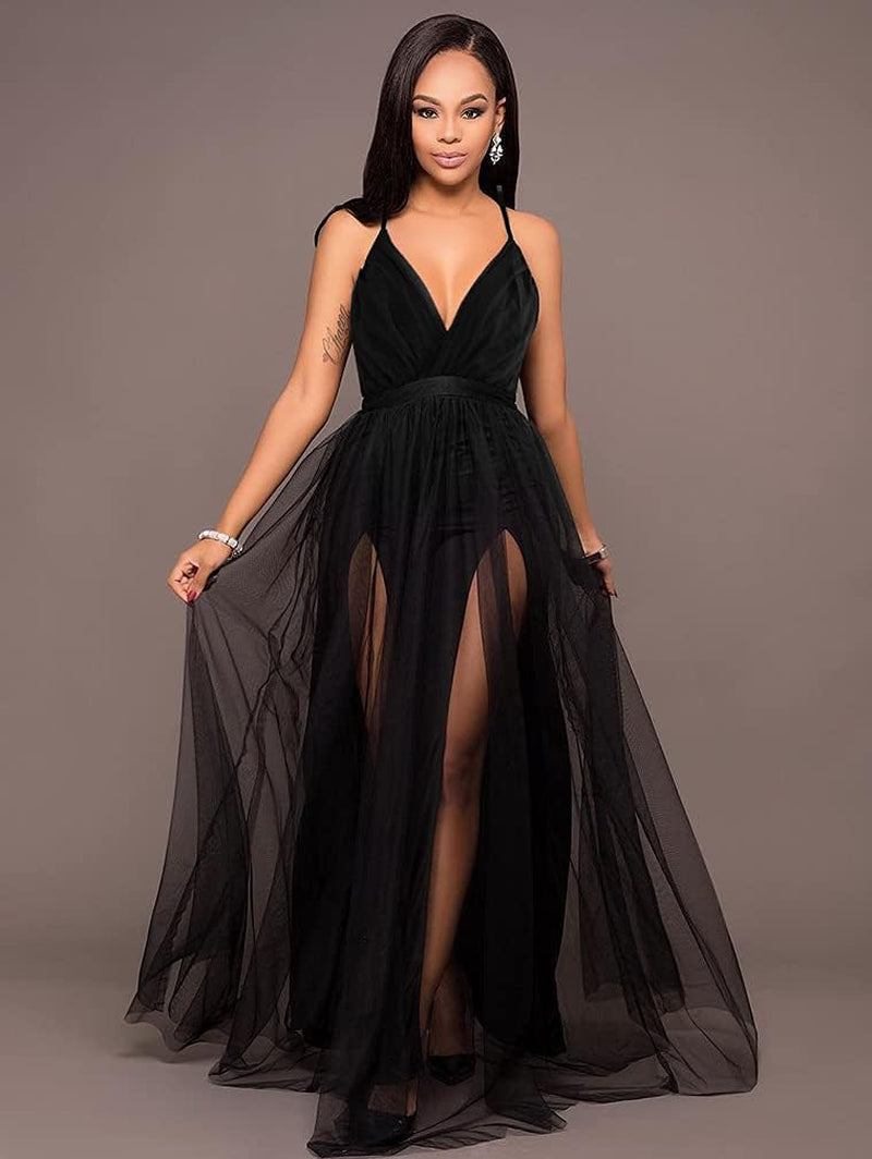 Womens Sexy Deep V Neck Split Cocktail Formal Prom Maxi Dress | Sleeveless Bridesmaid Wedding Guest Party Adjustable Spaghetti Strap
