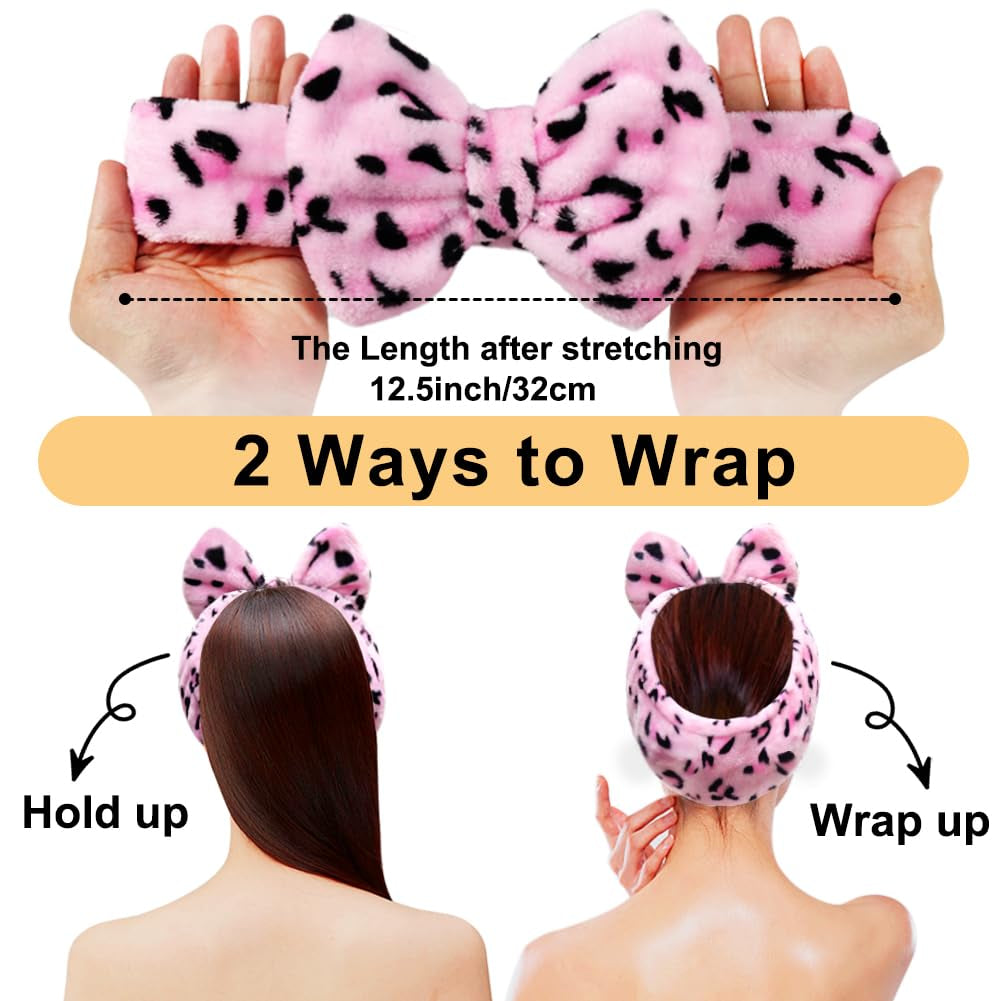 Women Fashion Lovely Soft Carol Fleece Bowknot Bow Makeup Cosmetic Shower Elastic Hair Band Hairlace Headband (Pink) | Washable Coral Fleece, Wide Elastic Hair Band, Stretches to 12.5 In, Removable Bow, Holds Hair Back for Face Masks, Shower