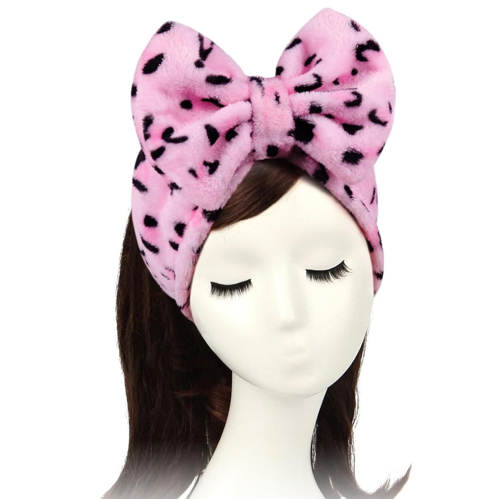 Women Fashion Lovely Soft Carol Fleece Bowknot Bow Makeup Cosmetic Shower Elastic Hair Band Hairlace Headband (Pink) | Washable Coral Fleece, Wide Elastic Hair Band, Stretches to 12.5 In, Removable Bow, Holds Hair Back for Face Masks, Shower