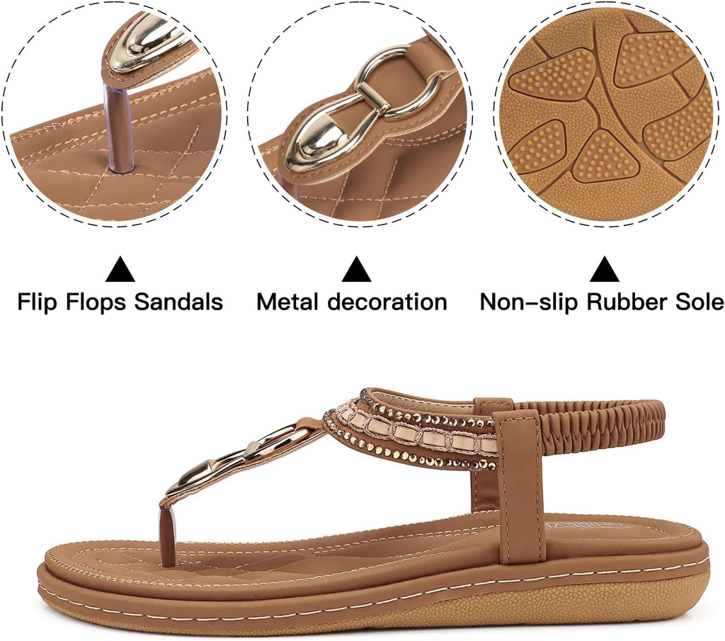 Flat Sandals for Women Dressy: Comfortable Thong Slip on Sandal | Elastic Ankle Strap Bohemian Women'S Flats Shoes - Summer Comfort Flip Flops Open Toe Orthopedic for Walking Casual