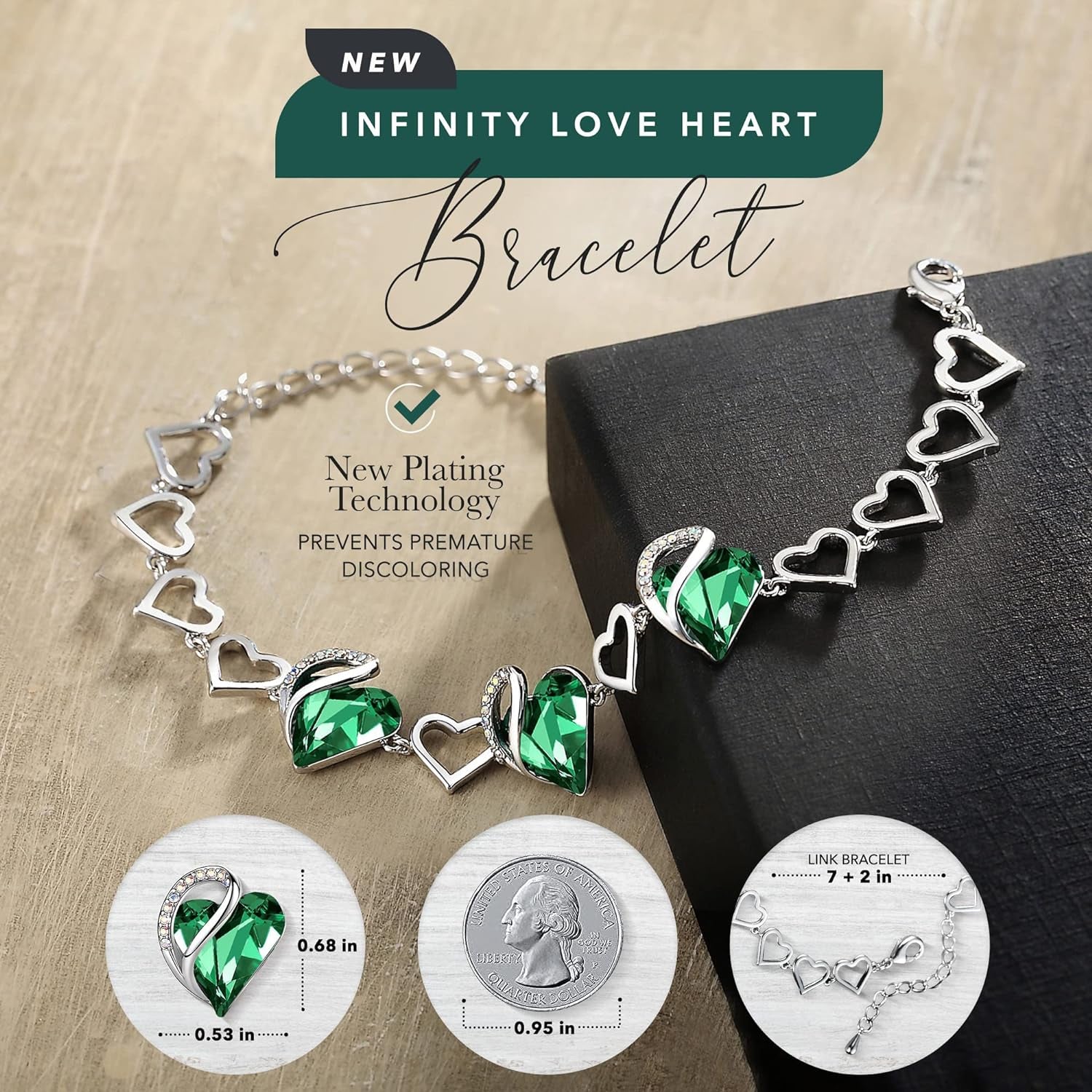 Infinity Love Heart Gift Bracelet for Women, Birthstone or Healing Stone Crystal, Silver Tone Birthday Jewelry for Her, Mom, and Wife, 7-Inch Chain and 2-Inch Extender