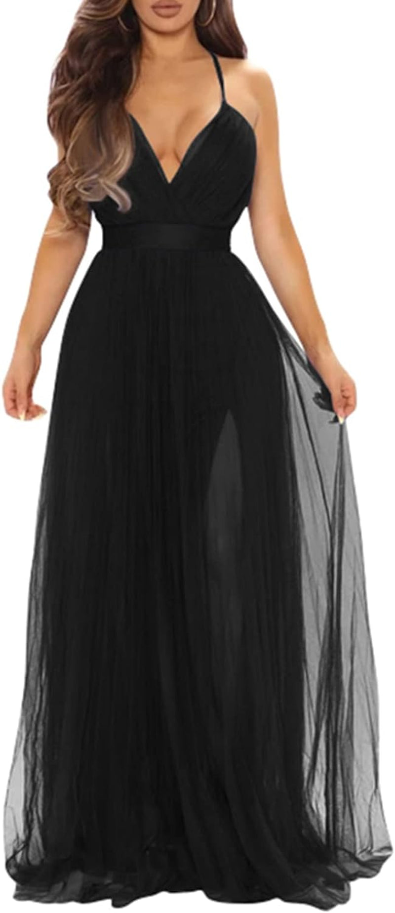 Womens Sexy Deep V Neck Split Cocktail Formal Prom Maxi Dress | Sleeveless Bridesmaid Wedding Guest Party Adjustable Spaghetti Strap