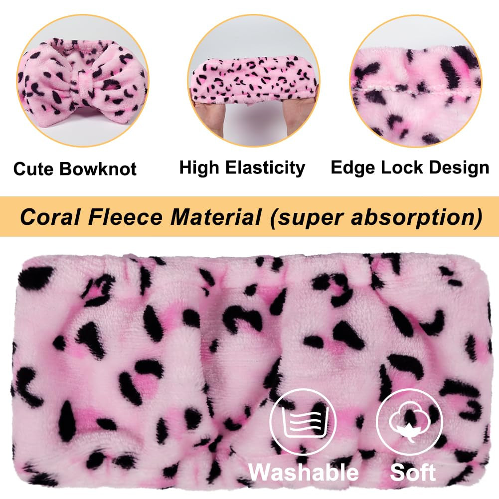 Women Fashion Lovely Soft Carol Fleece Bowknot Bow Makeup Cosmetic Shower Elastic Hair Band Hairlace Headband (Pink) | Washable Coral Fleece, Wide Elastic Hair Band, Stretches to 12.5 In, Removable Bow, Holds Hair Back for Face Masks, Shower