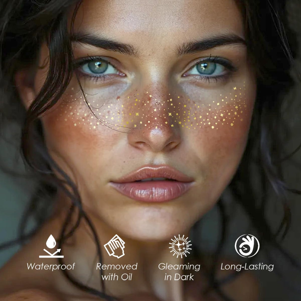 Glitter Freckles, 24PCS Glitter Freckles Face Tattoo, Sparkle Freckles for Women, Waterproof Gold Temporary Face Tattoos Glitter Glow up Patches Makeup Patches Mardi Gras Festival (Gold)