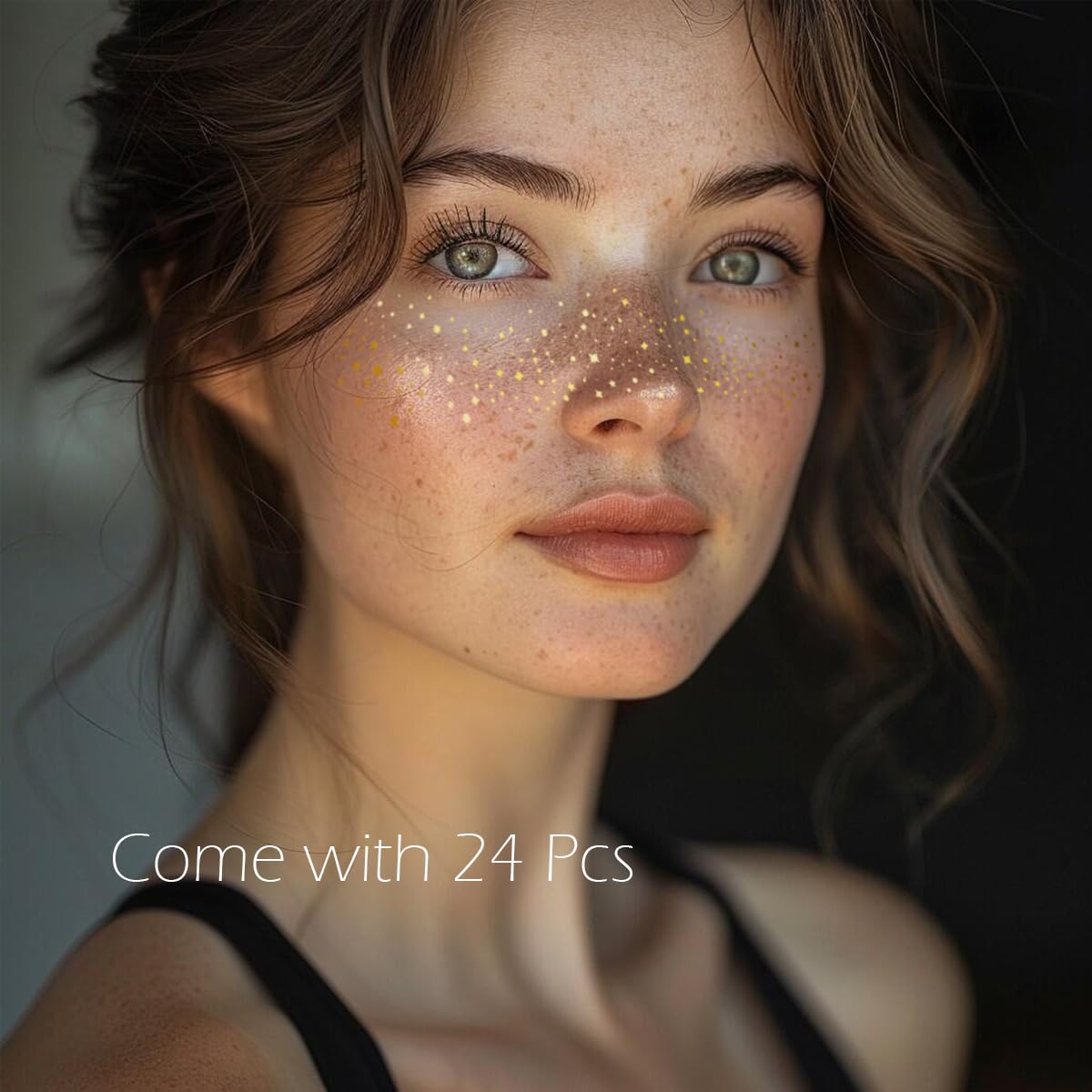 Glitter Freckles, 24PCS Glitter Freckles Face Tattoo, Sparkle Freckles for Women, Waterproof Gold Temporary Face Tattoos Glitter Glow up Patches Makeup Patches Mardi Gras Festival (Gold)