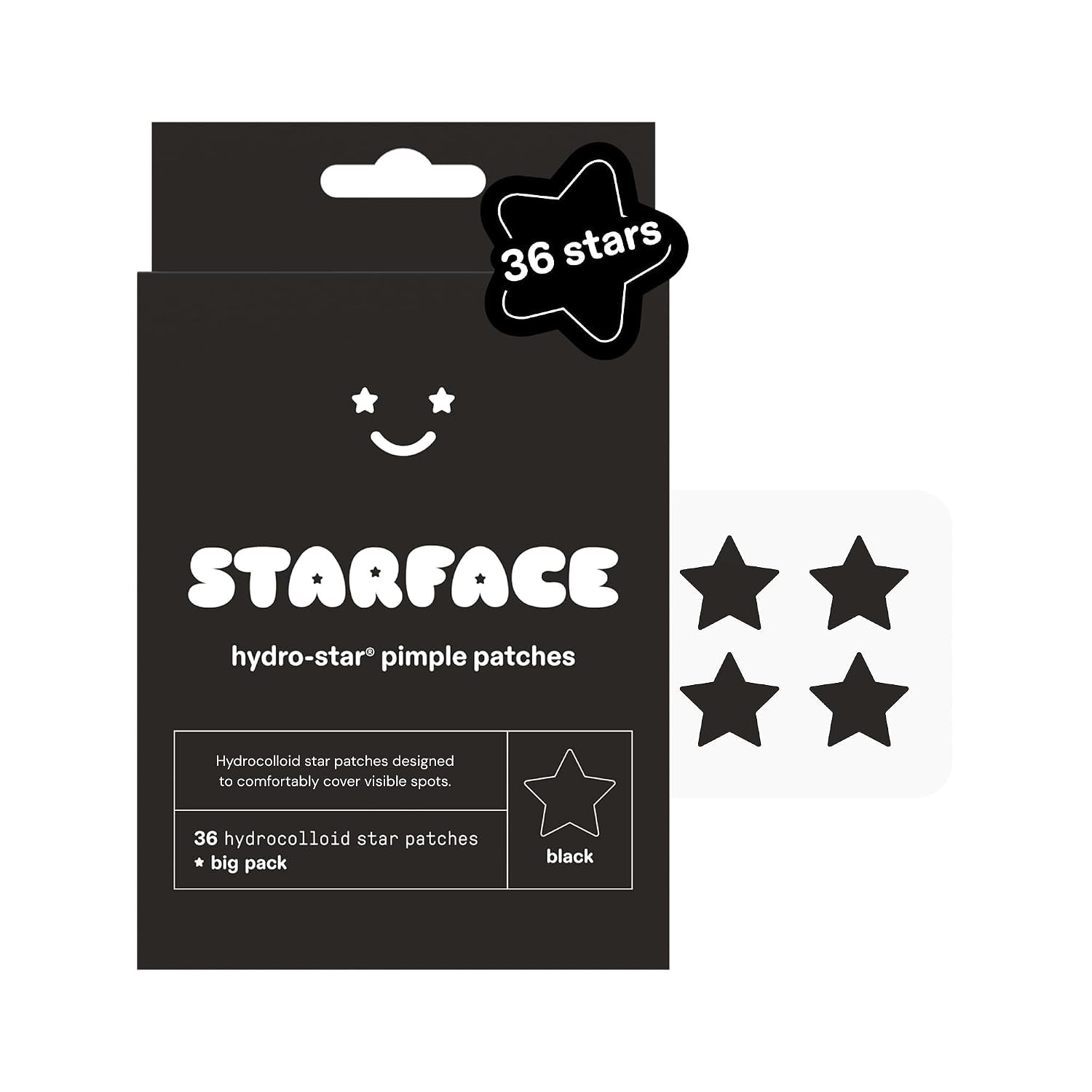 Starface Hydro-Star® Black Hydrocolloid Star-Shaped Pimple Patch, 36 Ct | Dermatologist Tested • Covers & Protects Visible Spots • Absorbs Pimple Gunk • Vegan, Cruelty-Free & Sensitive Skin Safe