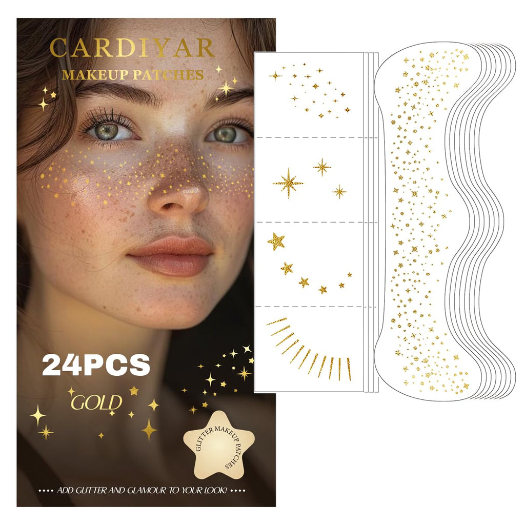 Glitter Freckles, 24PCS Glitter Freckles Face Tattoo, Sparkle Freckles for Women, Waterproof Gold Temporary Face Tattoos Glitter Glow up Patches Makeup Patches Mardi Gras Festival (Gold)
