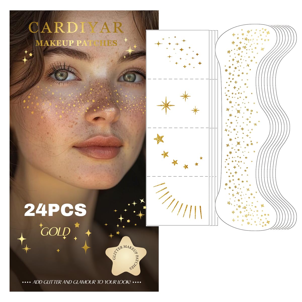 Glitter Freckles, 24PCS Glitter Freckles Face Tattoo, Sparkle Freckles for Women, Waterproof Gold Temporary Face Tattoos Glitter Glow up Patches Makeup Patches Mardi Gras Festival (Gold)