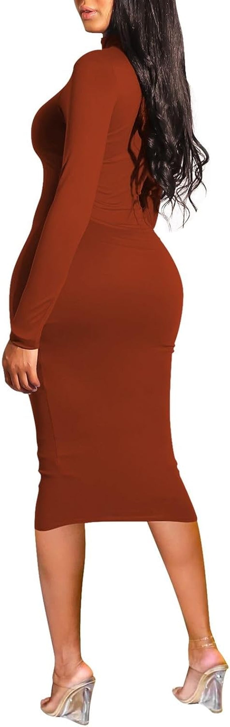 Womens Sexy Fall Knit Dress High Neck Long Sleeve Bodycon Midi Winter Dresses