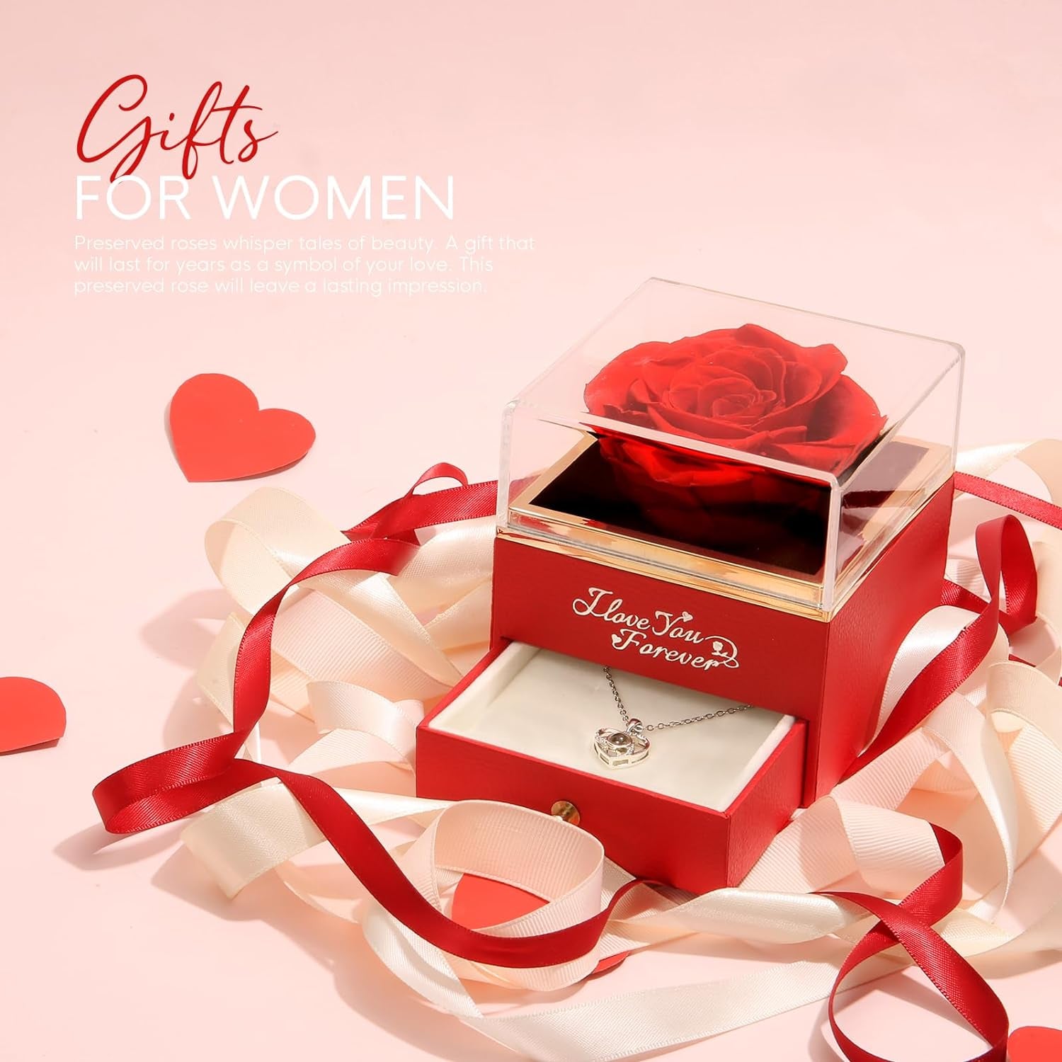 Preserved Real Rose with Heart Necklace -I Love You Forever Eternal Rose for Her, Mothers Day Flowers Gifts for Mom, Wife, Anniversary or Birthday Gifts for Women, Red