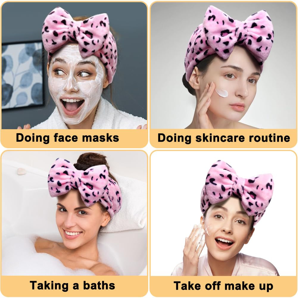 Women Fashion Lovely Soft Carol Fleece Bowknot Bow Makeup Cosmetic Shower Elastic Hair Band Hairlace Headband (Pink) | Washable Coral Fleece, Wide Elastic Hair Band, Stretches to 12.5 In, Removable Bow, Holds Hair Back for Face Masks, Shower