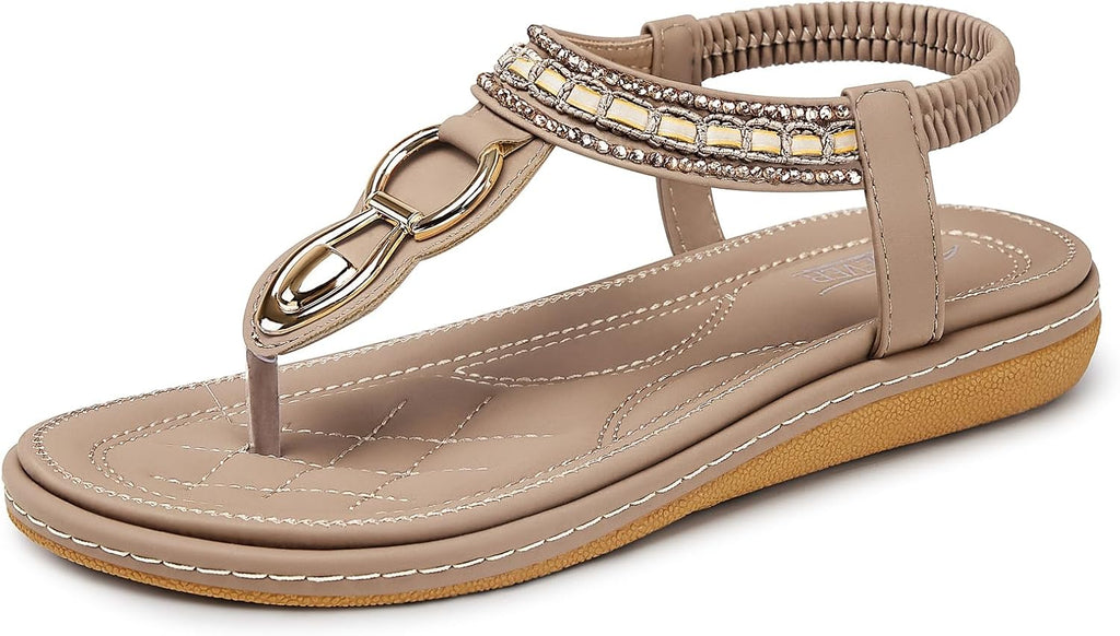 Flat Sandals for Women Dressy: Comfortable Thong Slip on Sandal | Elastic Ankle Strap Bohemian Women'S Flats Shoes - Summer Comfort Flip Flops Open Toe Orthopedic for Walking Casual