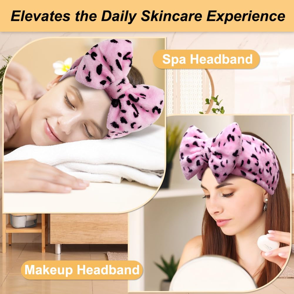Women Fashion Lovely Soft Carol Fleece Bowknot Bow Makeup Cosmetic Shower Elastic Hair Band Hairlace Headband (Pink) | Washable Coral Fleece, Wide Elastic Hair Band, Stretches to 12.5 In, Removable Bow, Holds Hair Back for Face Masks, Shower