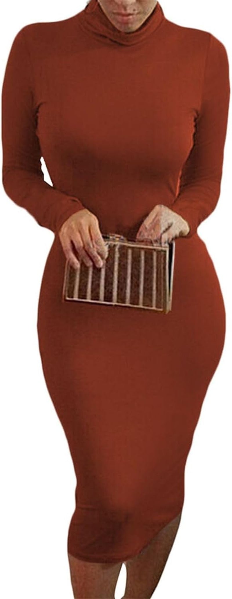 Womens Sexy Fall Knit Dress High Neck Long Sleeve Bodycon Midi Winter Dresses