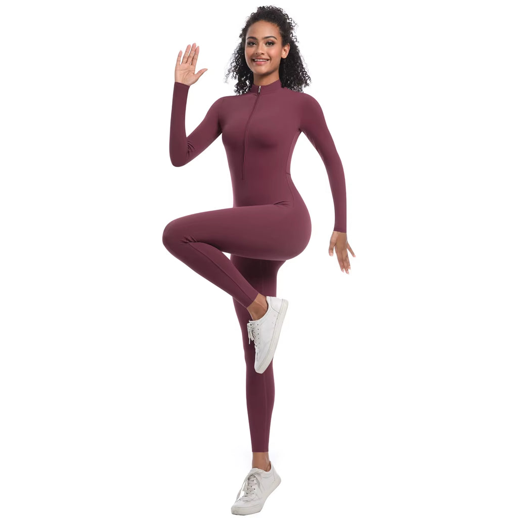 Women Autumn Winter Warm Zip Bodysuit Activewear Jumpsuit of the Nylon Spandex Workout Fitness Gym Wear
