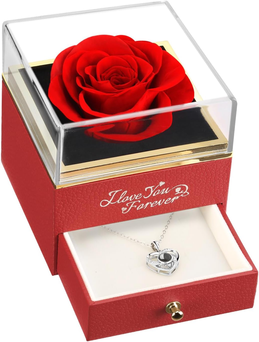 Preserved Real Rose with Heart Necklace -I Love You Forever Eternal Rose for Her, Mothers Day Flowers Gifts for Mom, Wife, Anniversary or Birthday Gifts for Women, Red